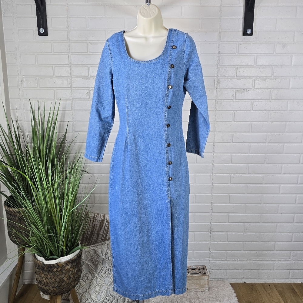 Vintage Denim Long Sleeve Faux Button Maxi Dress Size 9